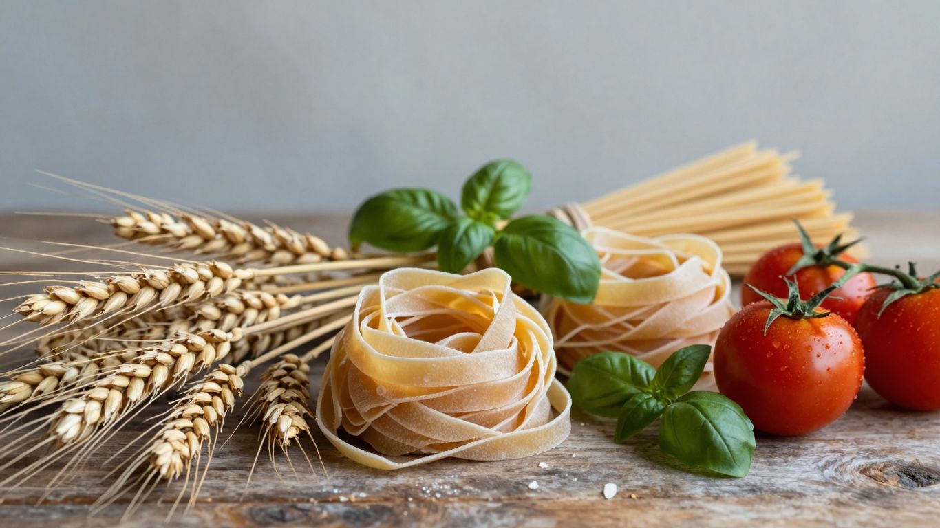 Paste bio pe masă cu grâu și ierburi proaspete.