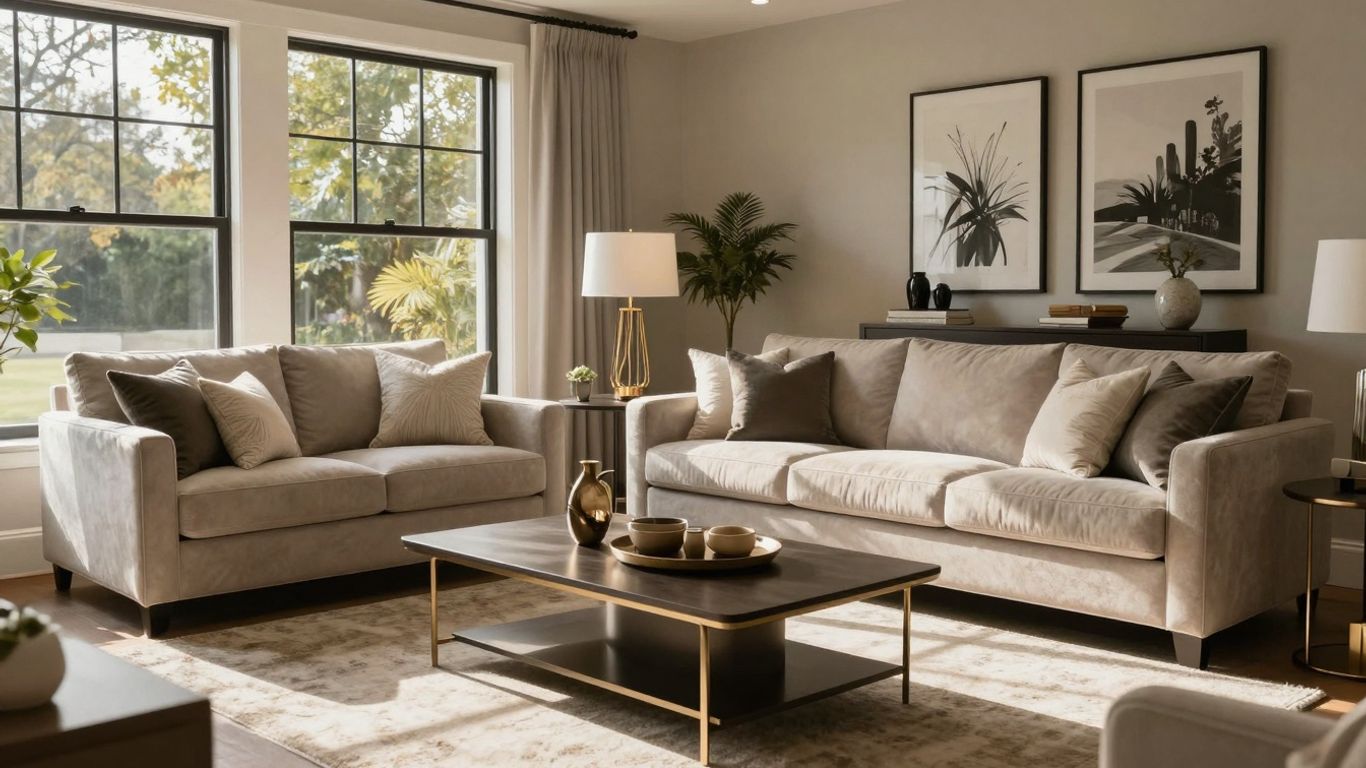 Elegant home staging in a sunlit living room.