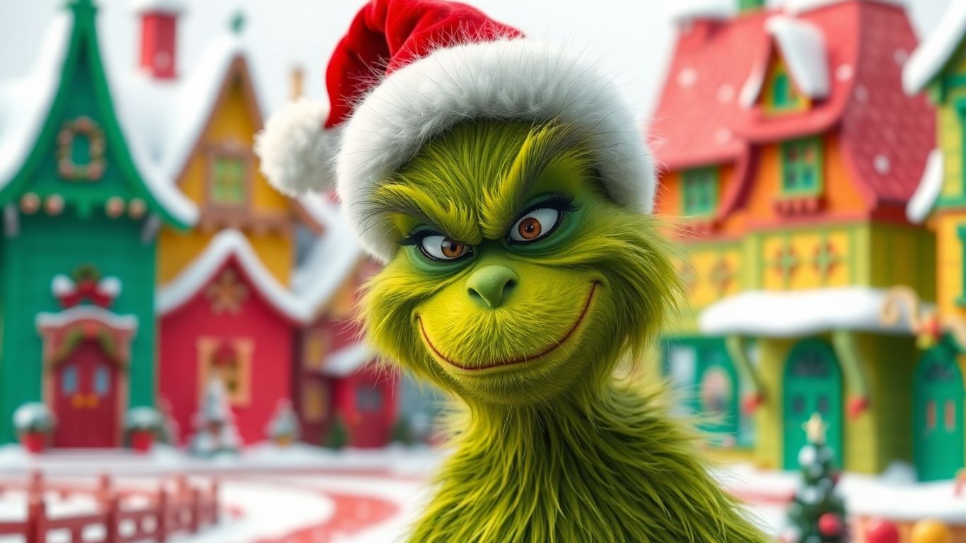 The Grinch in a Santa hat, looking mischievous in Whoville.
