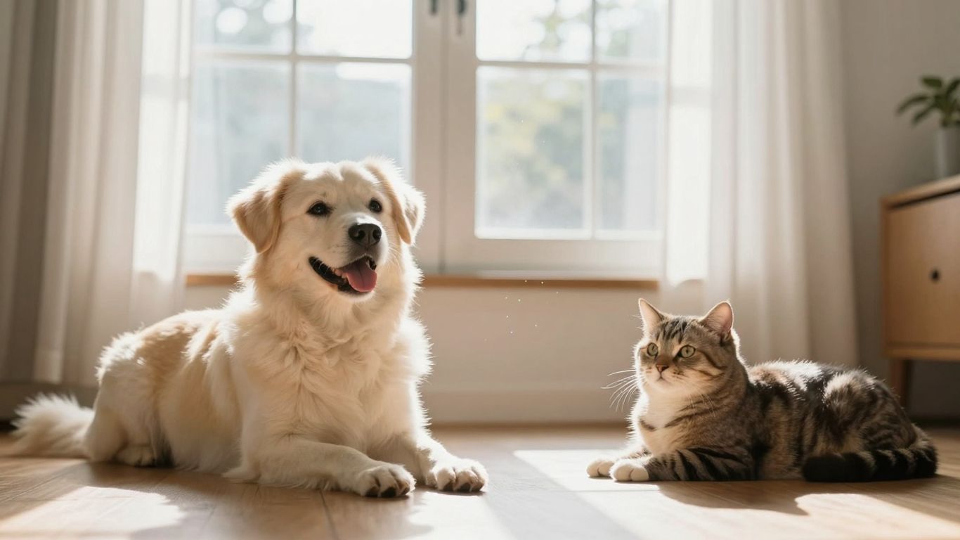 Chien et chat se prélassant dans un salon aéré.