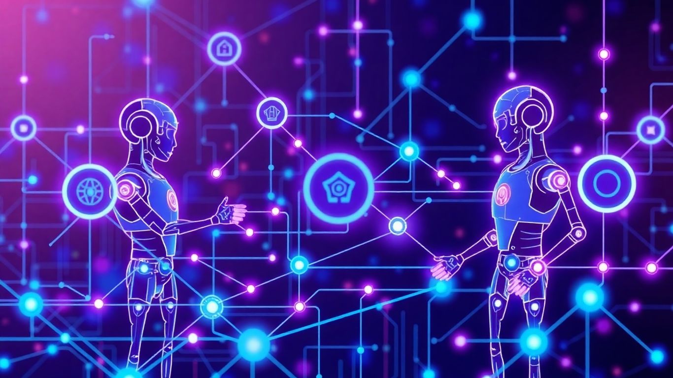 AI agents automating workflows in a futuristic infographic.