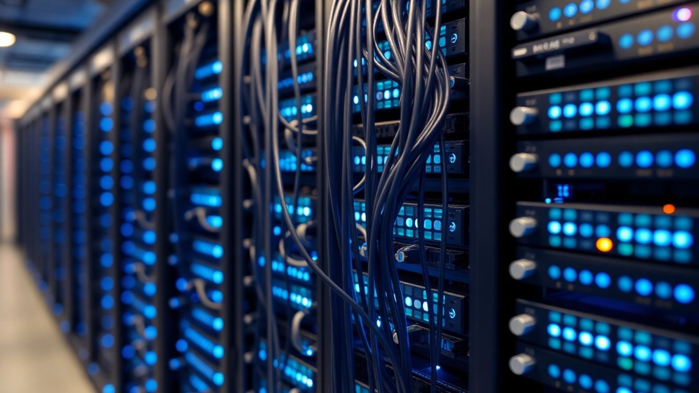 Server rack with glowing blue lights and cables