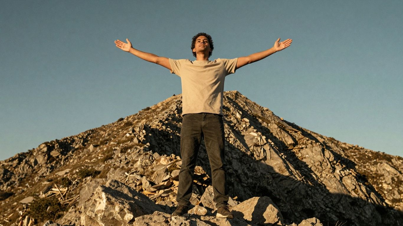 Person on mountain peak, arms outstretched, achieving success.