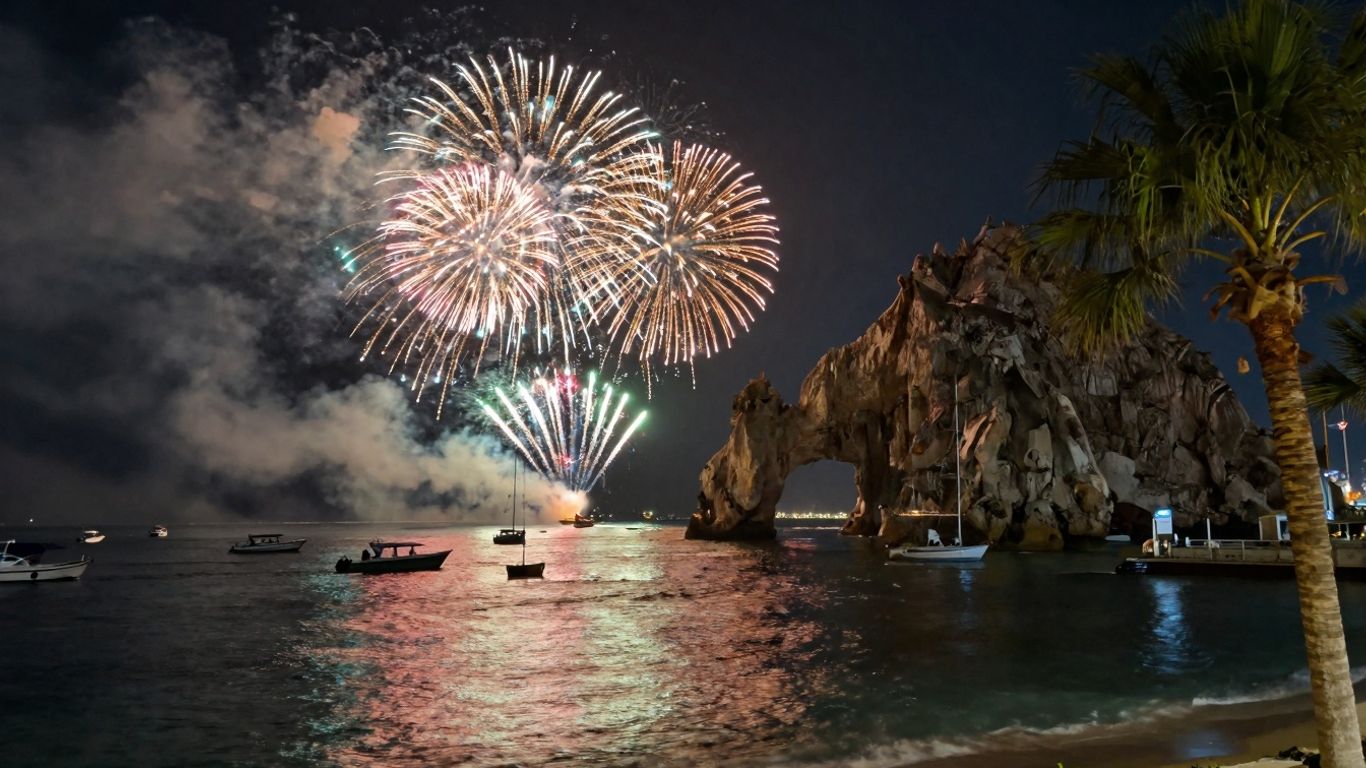 Cabo fireworks over the Arch at night
