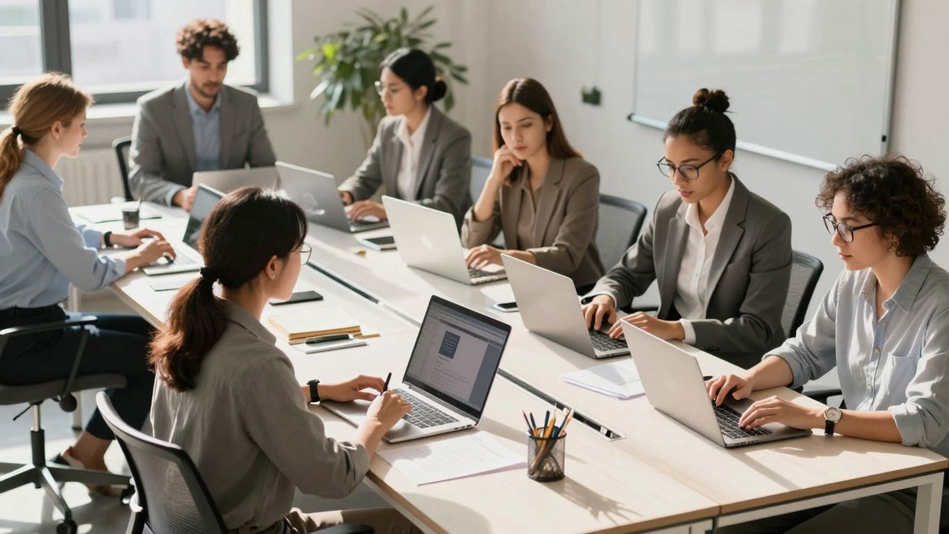 Angajați colaborând într-un spațiu de lucru modern.