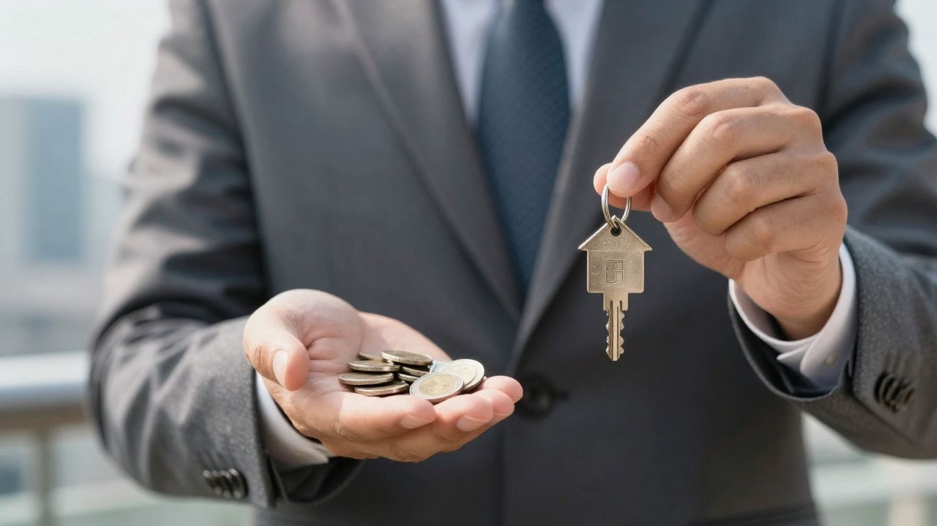 Persoană de afaceri ținând monede și cheie casă