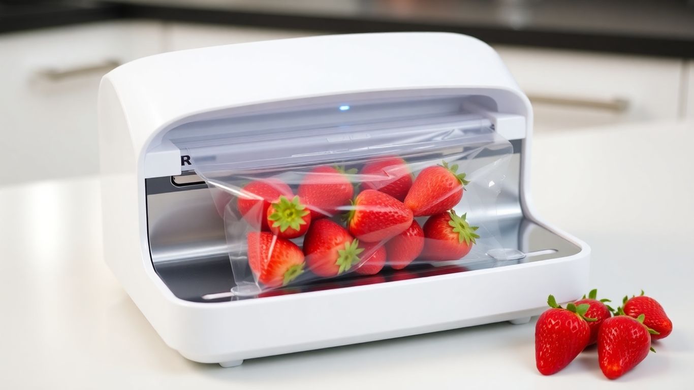 เครื่องซีลสูญญากาศกำลังซีลถุงใส่สตรอว์เบอร์รีสด