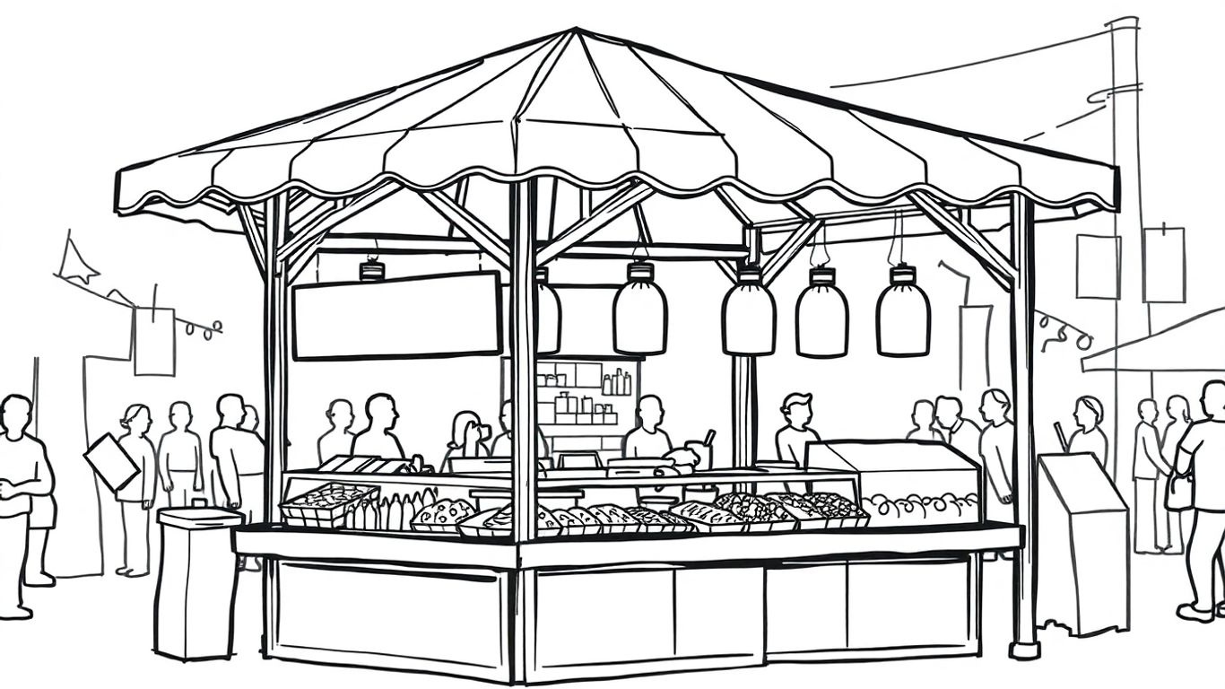 Black and white illustration of a food stall gazebo.