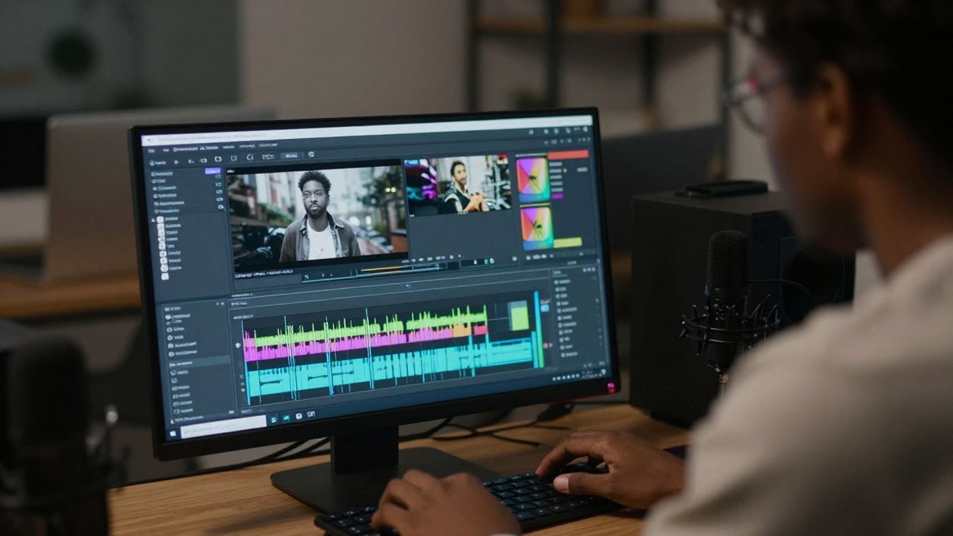 Persona editando video en computadora para podcast.