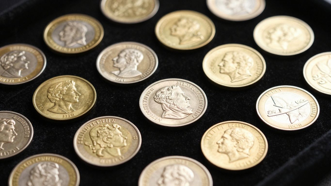 Variety of valuable coins displayed on velvet