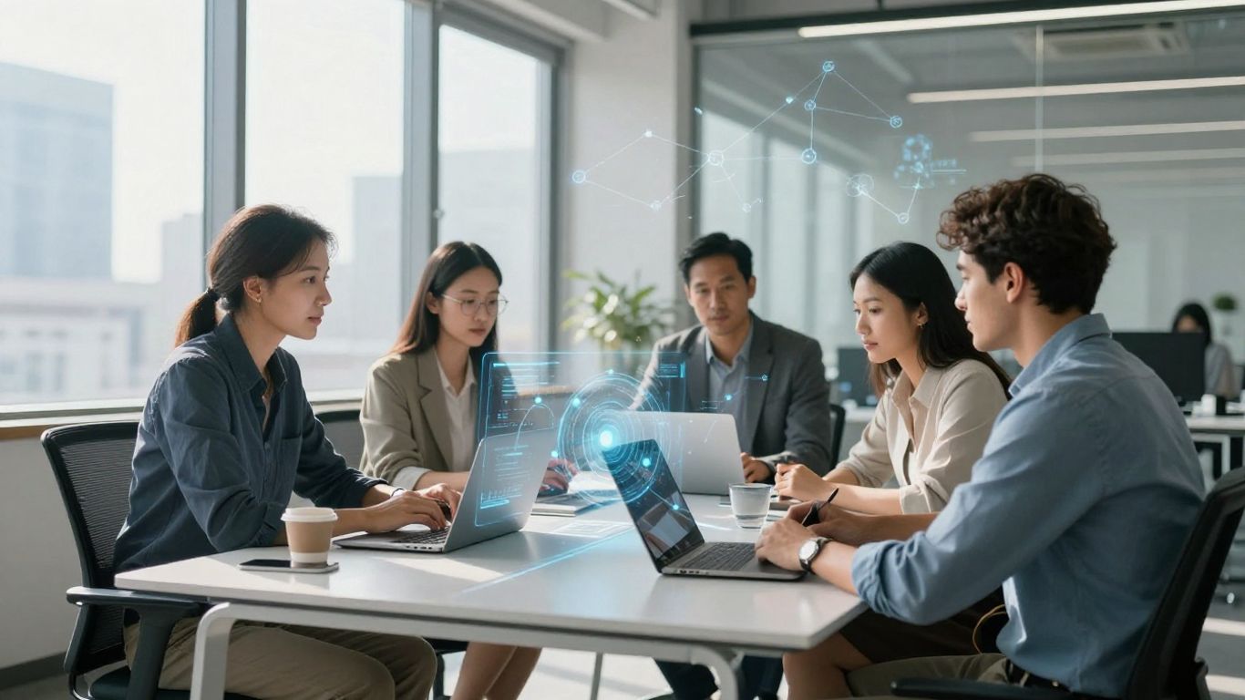 Professionals in a modern office with digital overlays.