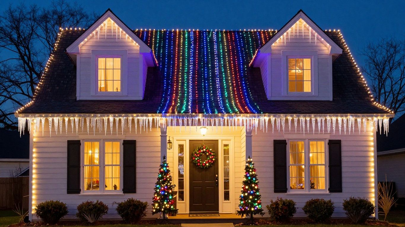 House decorated with colorful Christmas lights in Glen Carbon.