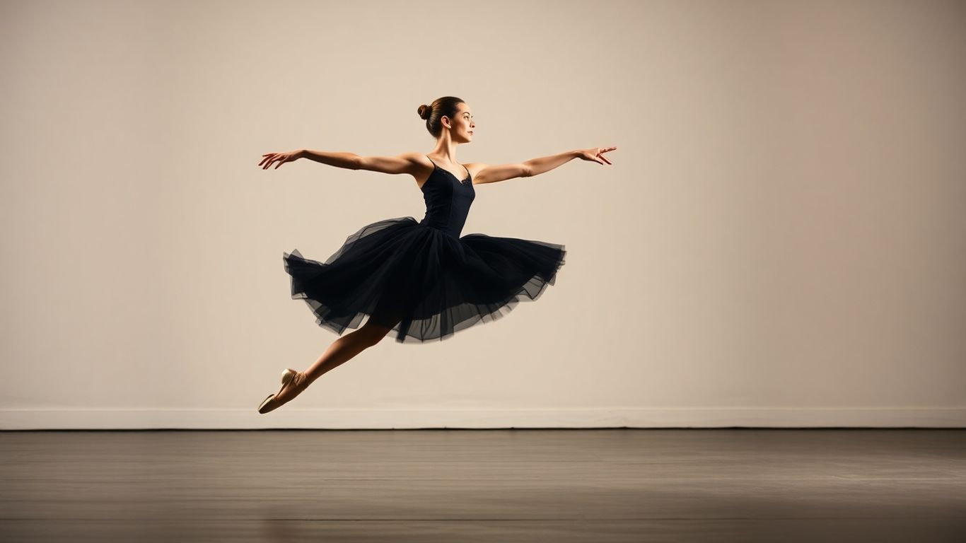 Ballet dancer in mid-leap, black tutu, elegant pose.