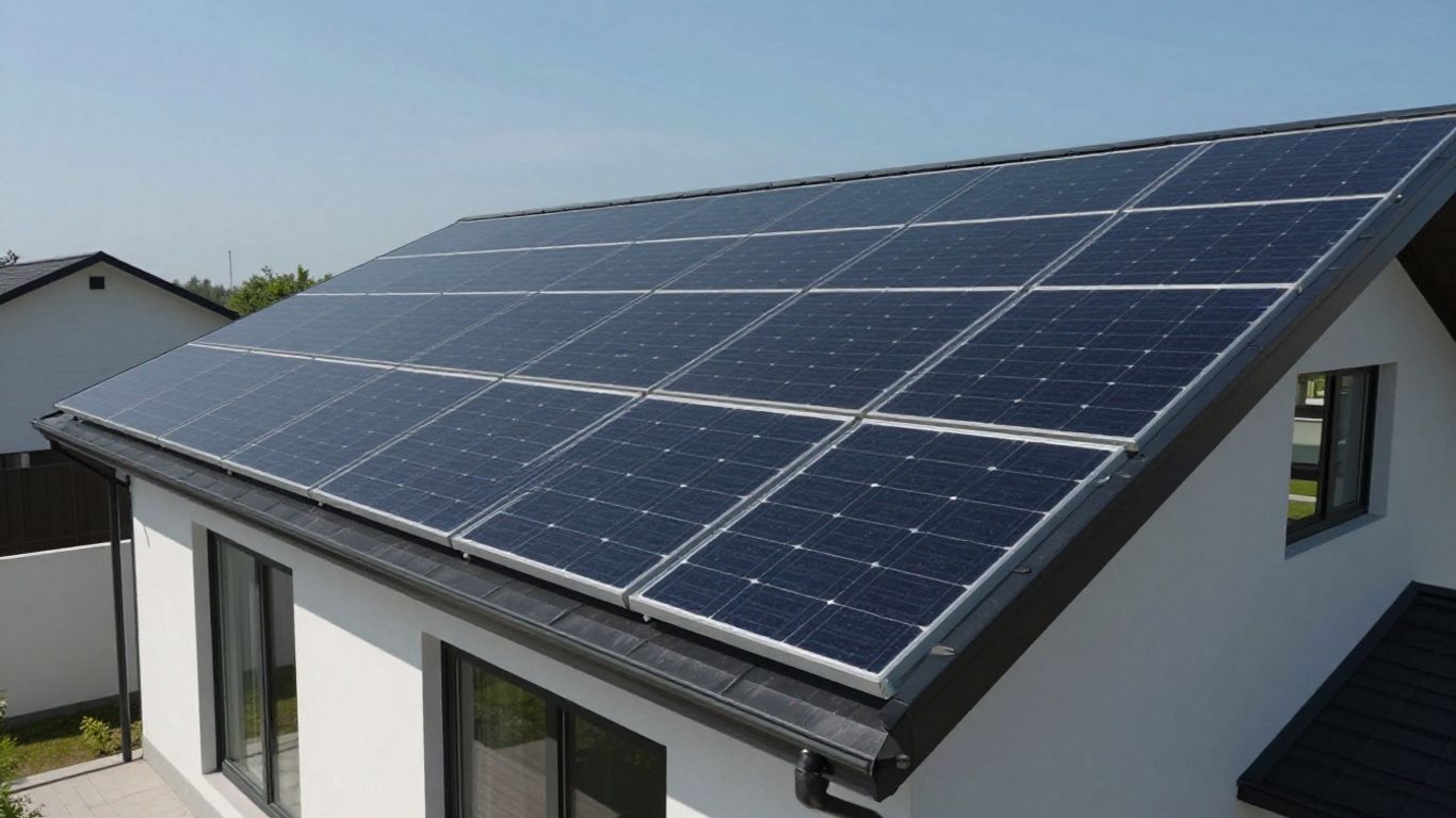 Maison avec toit solaire moderne sous un ciel ensoleillé.