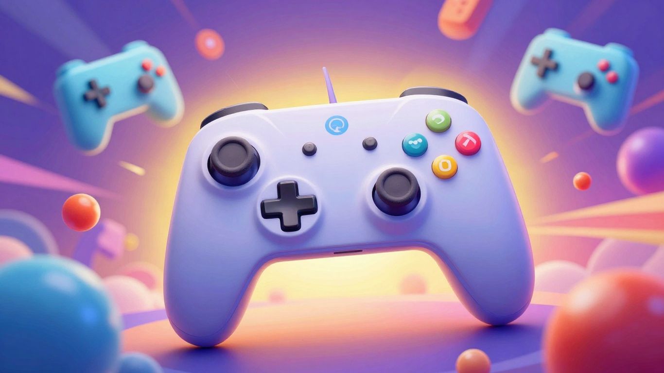 Colorful game icons and controller for endless fun.