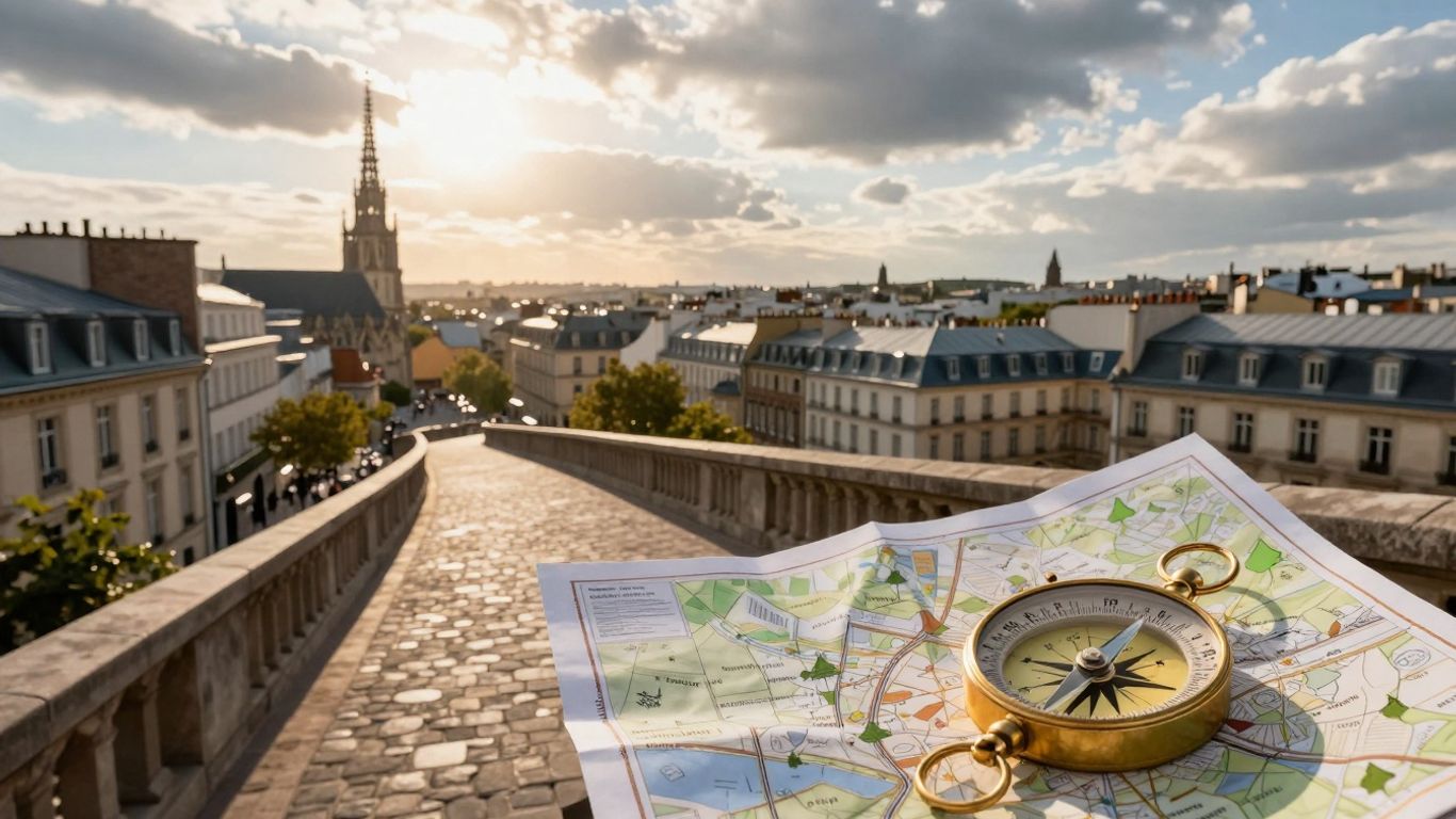 Europäische Stadtlandschaft mit Weg und Kompass