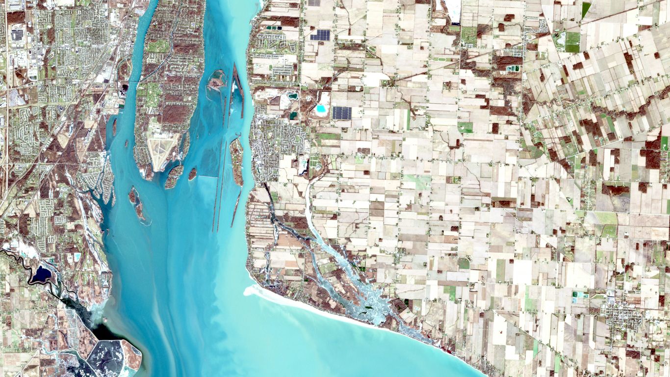 aerial view of a river and city