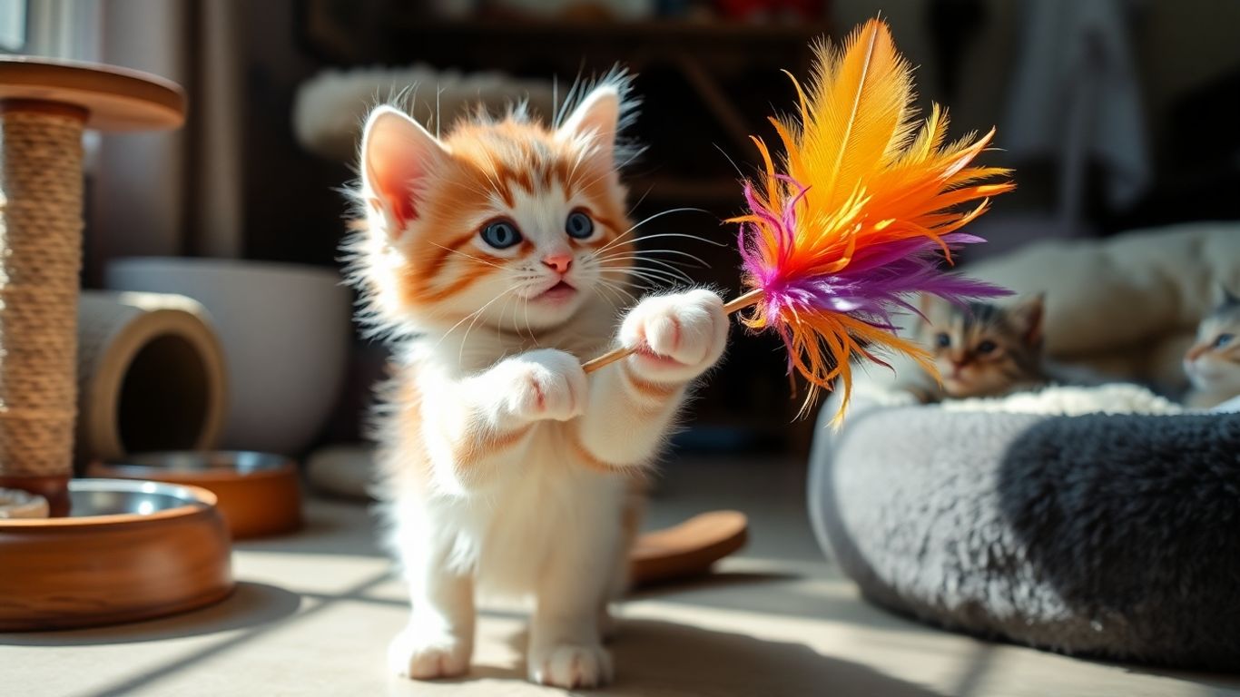 Kitten playing with feather toy and cat essentials.