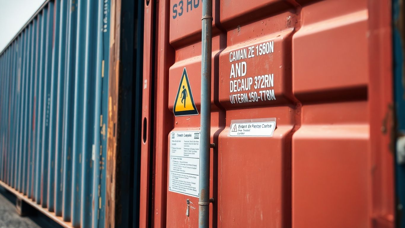 Conteneur maritime avec étiquettes de danger.
