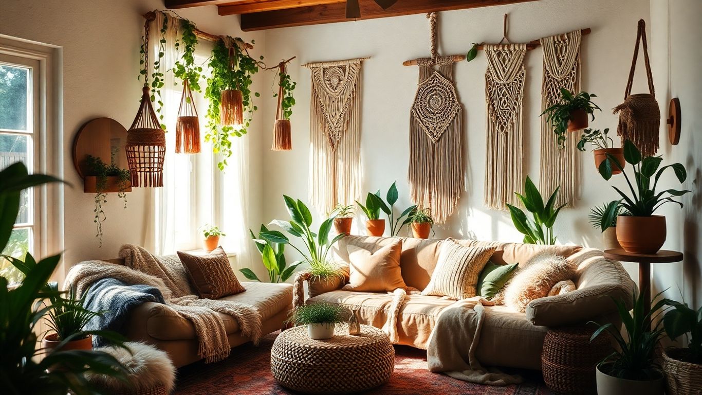 Boho chic living room with plants and textiles.