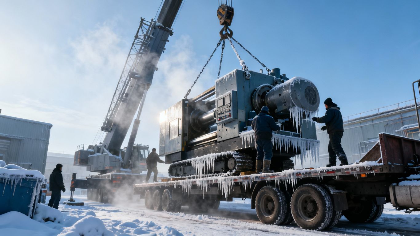 Crane moving heavy machinery in winter snow.