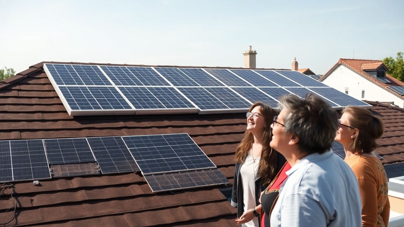 Pannelli solari su un tetto, vicini felici che condividono l'energia.