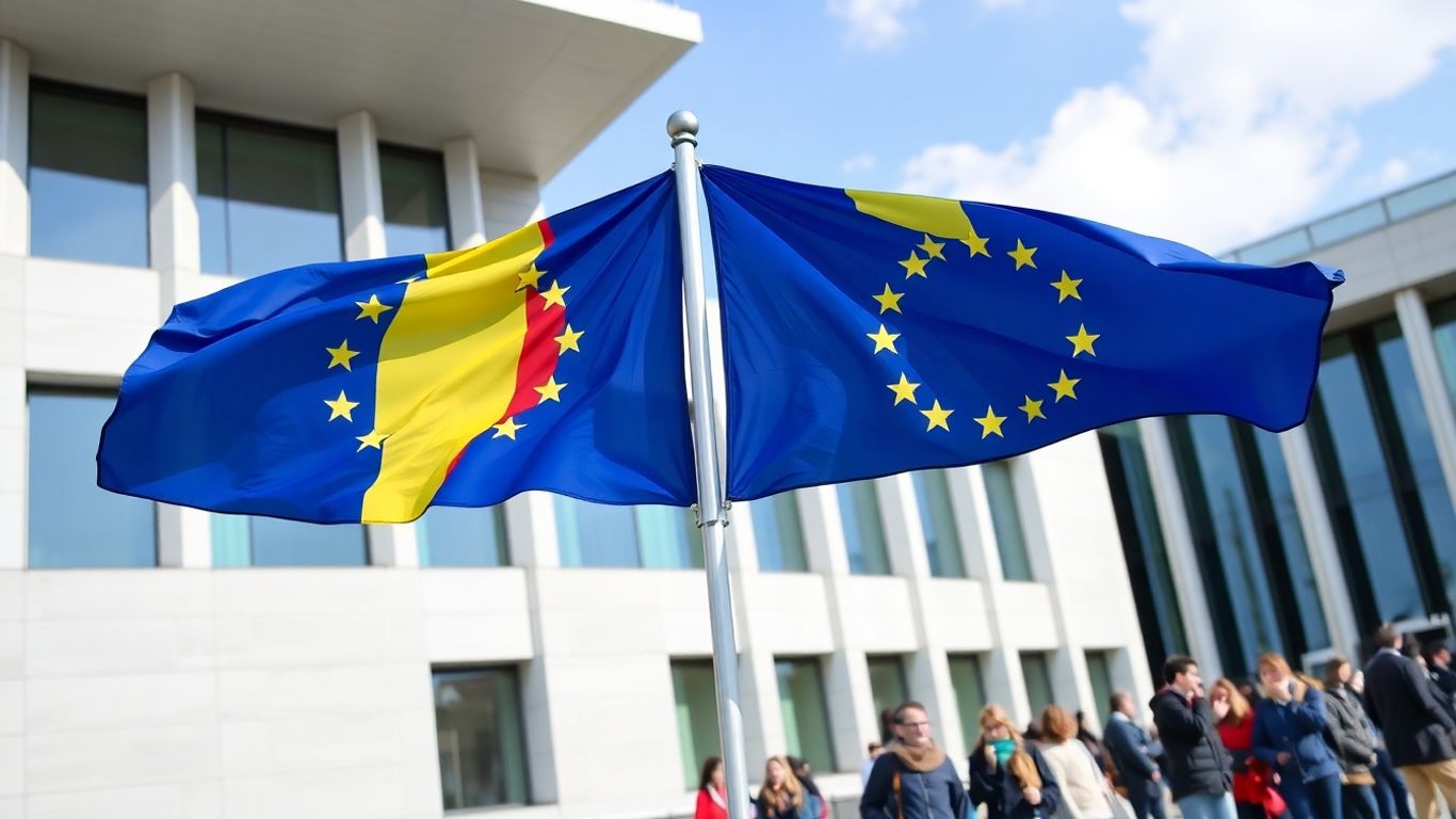 Steaguri UE și România lângă o clădire guvernamentală modernă.