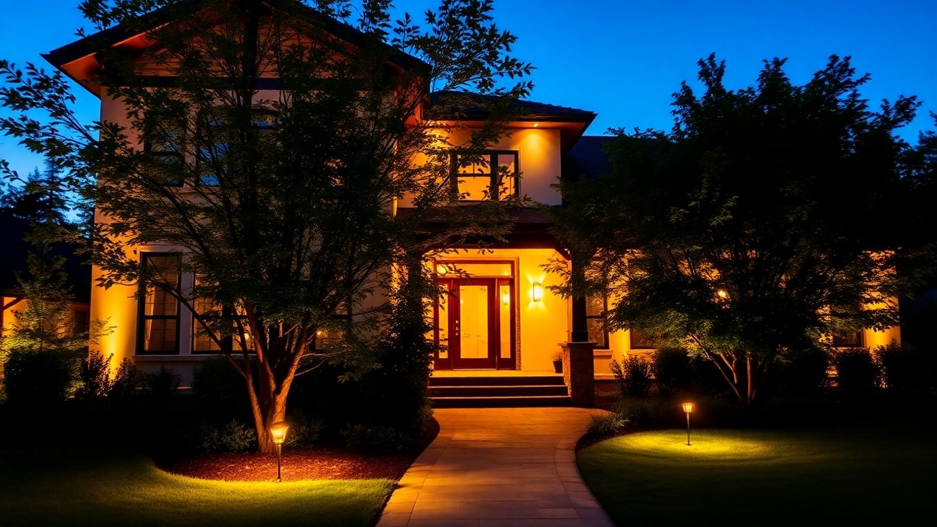 Exterior house lighting design at dusk.