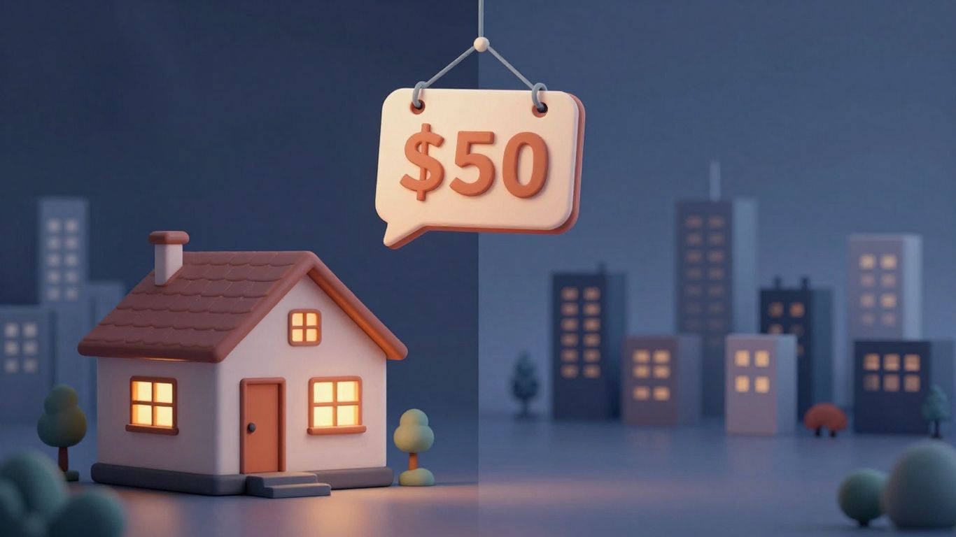 House price tag above building icons cityscape