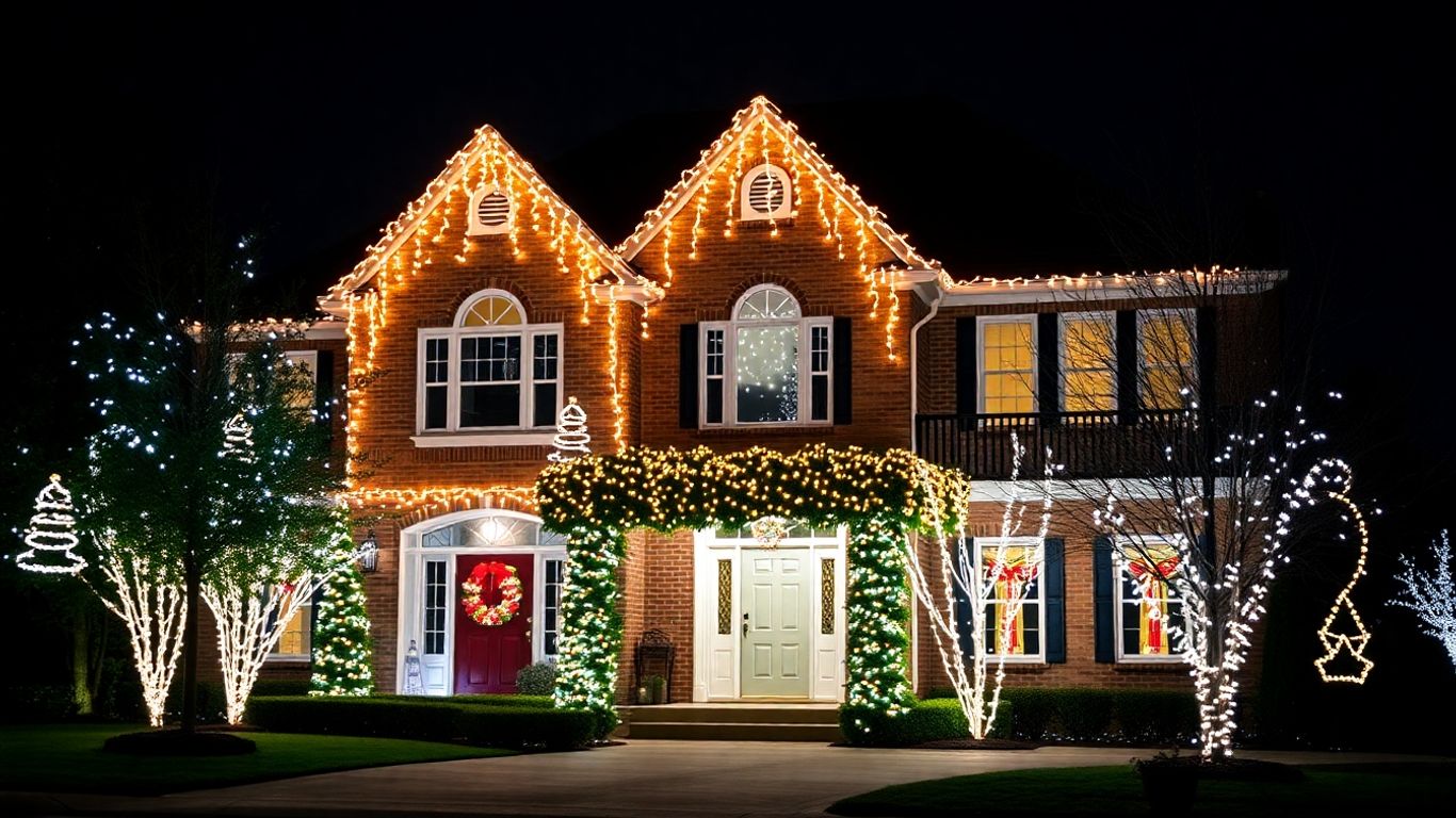 Kirkwood home decorated with professional Christmas lights at night.