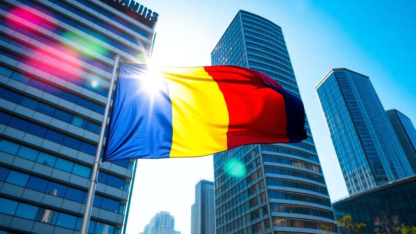 Steagul României și clădiri moderne, simbol al libertății economice.