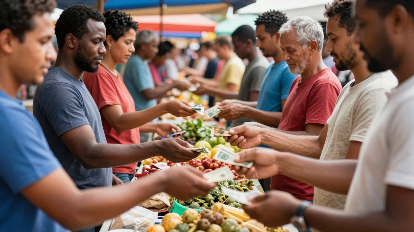 Antreprenori senior și tineri lucrează împreună la piața locală.