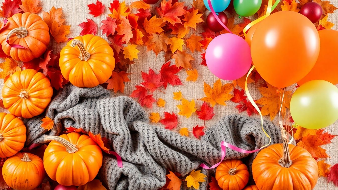 Fall birthday party decorations with pumpkins and colorful leaves.
