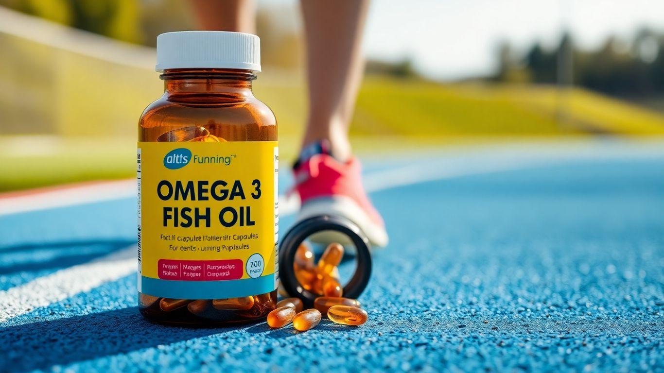 Omega-3 supplement bottle with running shoe