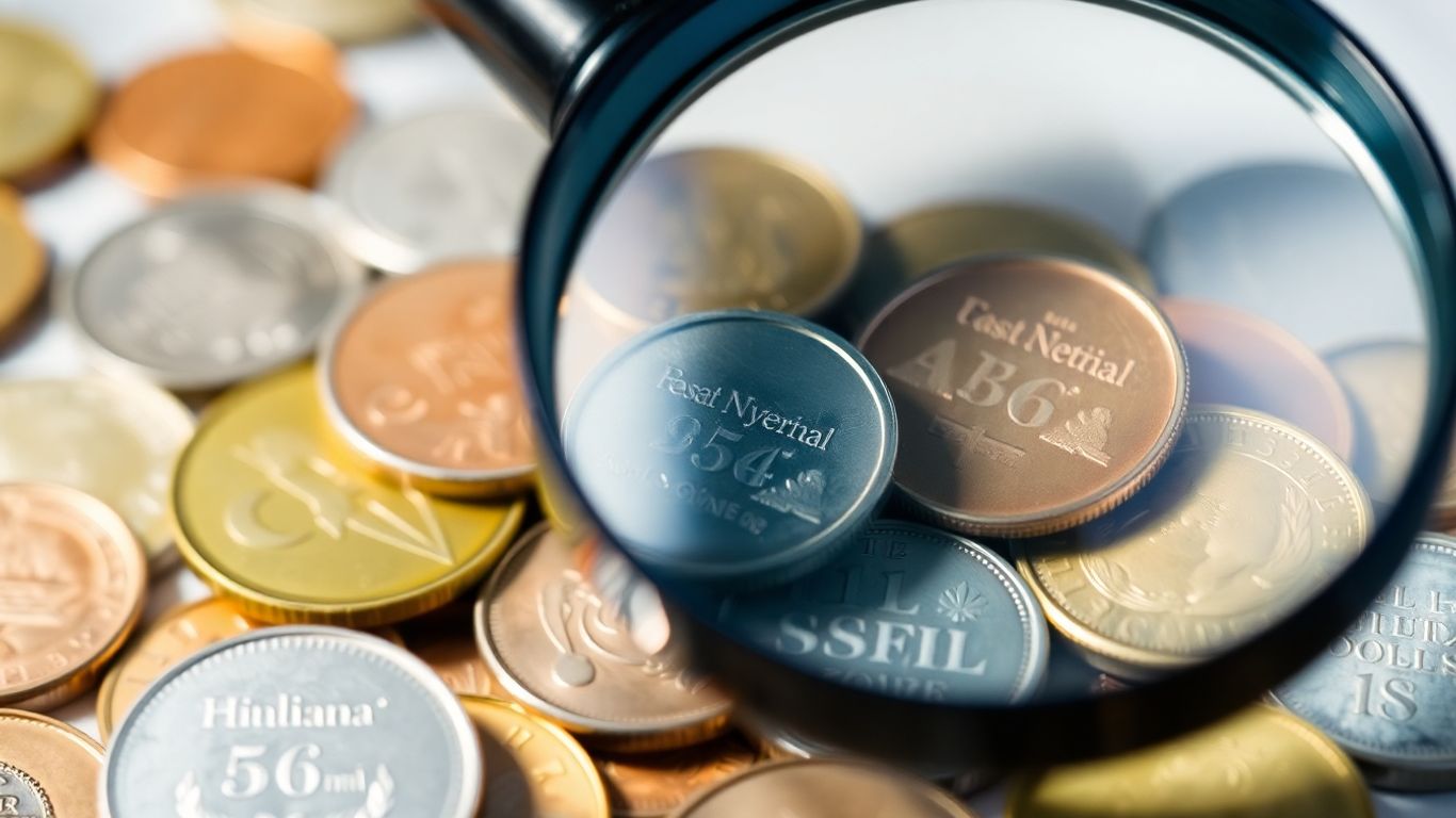Magnifying glass over a collection of valuable coins.