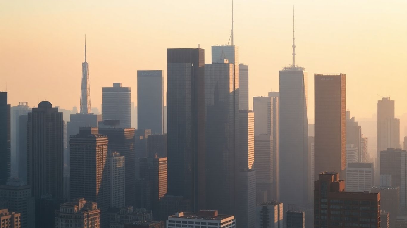 Cityscape with skyscrapers at dawn.