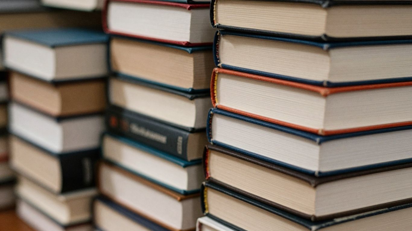 Stack of books with blurred spines.