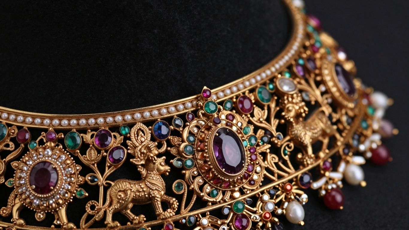 Intricate Nakshi jewellery with gold filigree and gemstones.