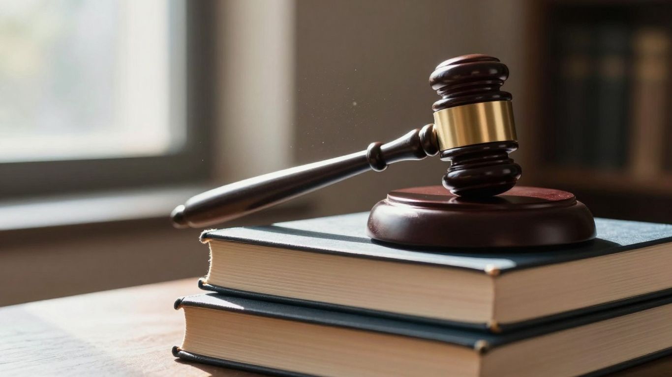 Gavel on legal books with sunlight.