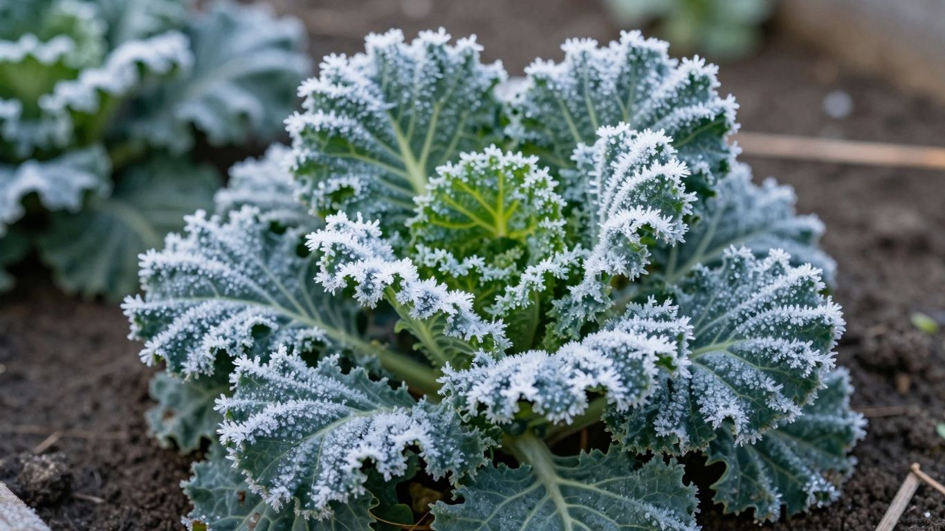 Frostbedeckter Grünkohl im Gartenbeet