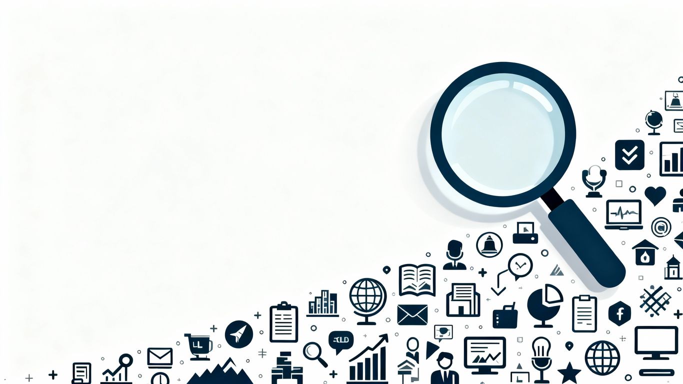 Magnifying glass over business icons, upward trend.