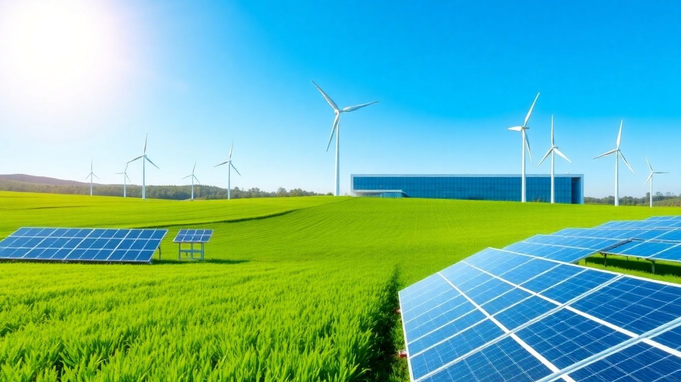 Turbine eoliene și panouri solare pe un câmp verde însorit.