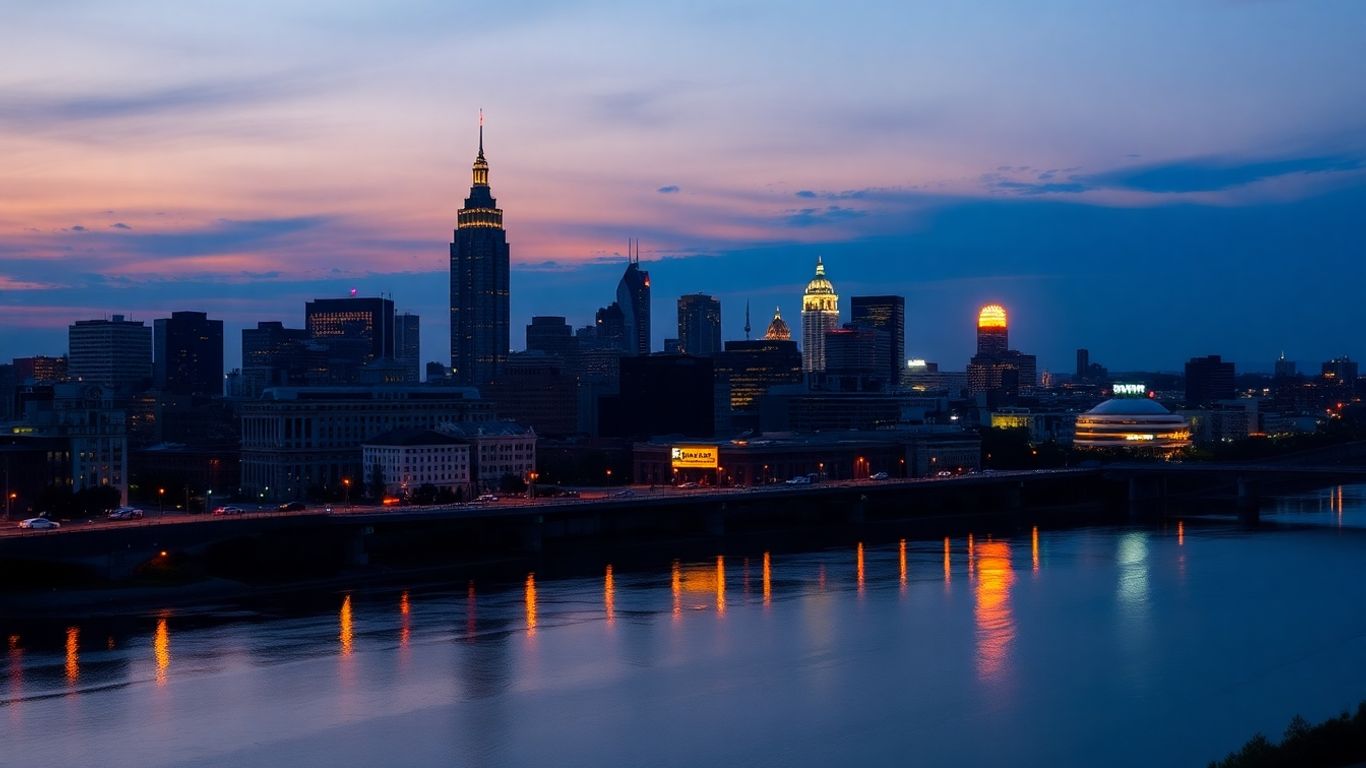 Memphis skyline at sunset over the Mississippi River.