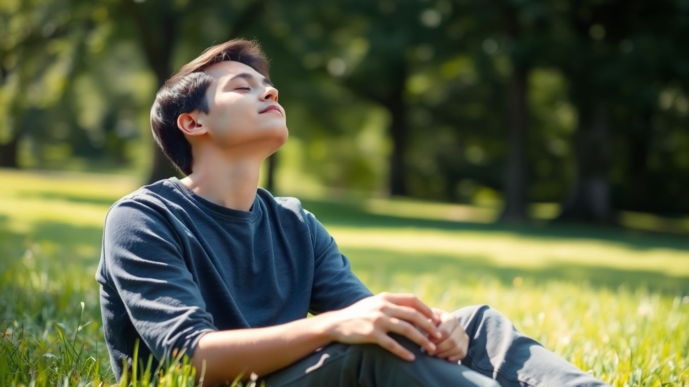 Calm person outdoors practicing peaceful meditation therapy.