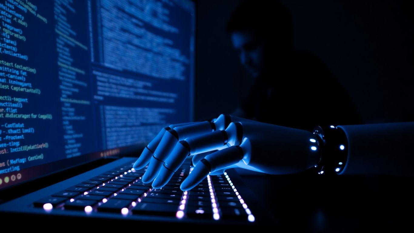 Robot typing code, human programmer silhouette in background.