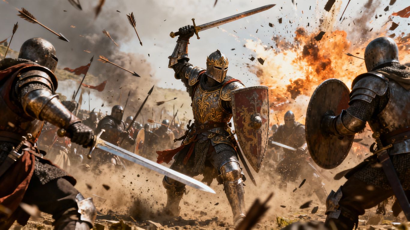 Knights battling in a chaotic medieval war scene.
