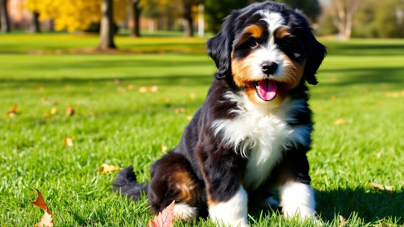 Bernedoodle dog enjoying outdoor activity in a park.