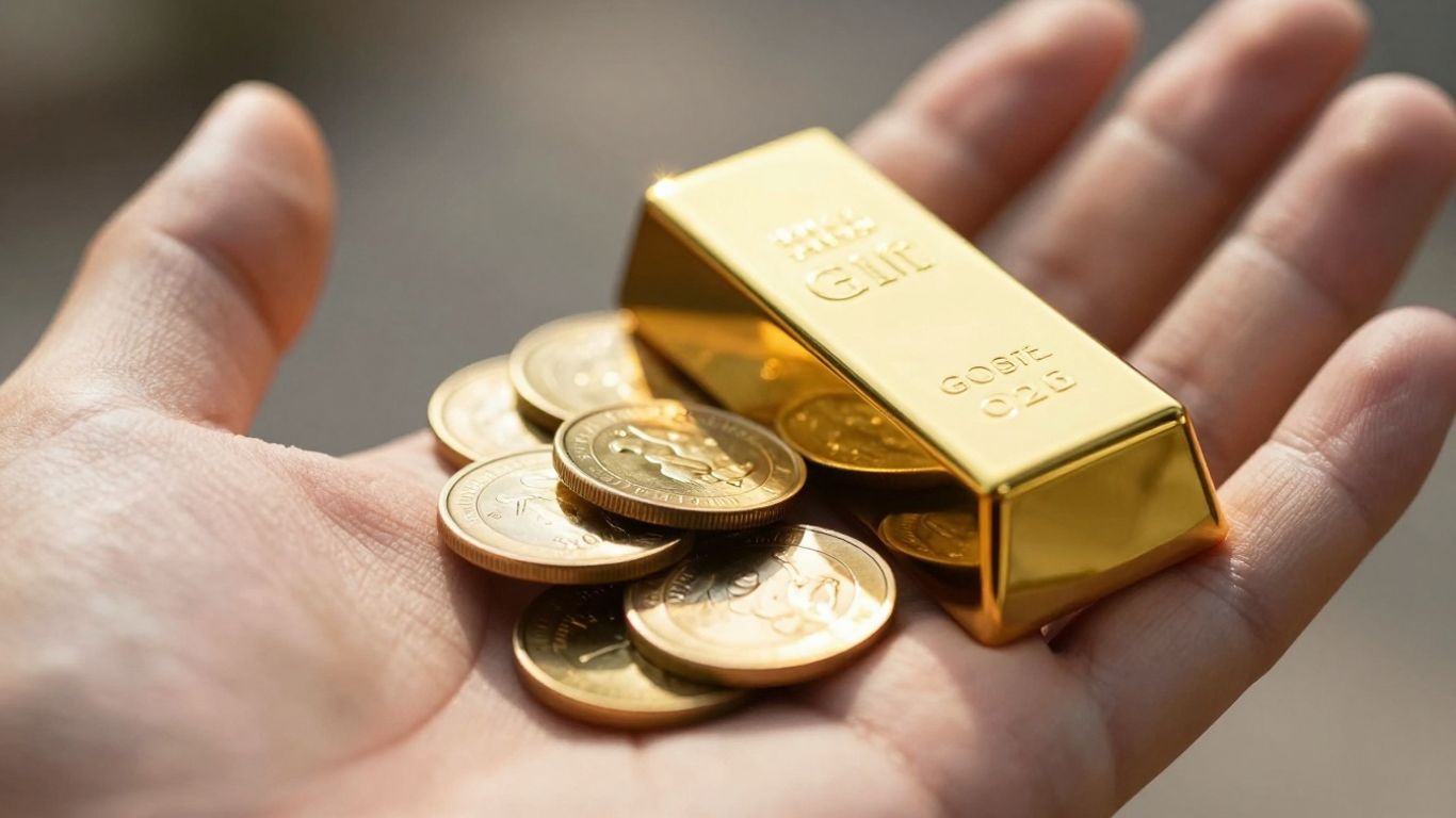 一只金手拿着金币和金条。