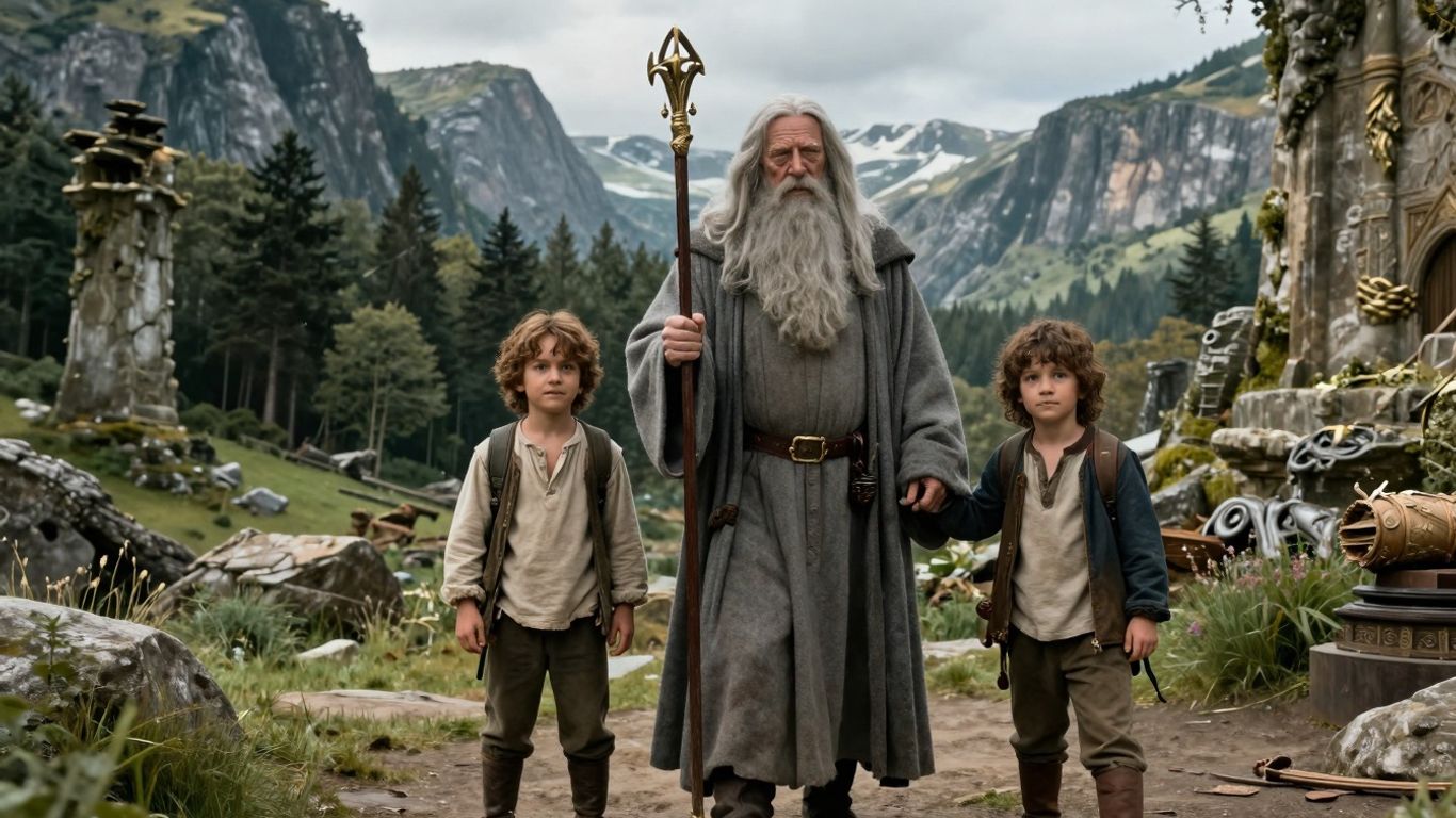 Postacie z Władcy Pierścieni w krajobrazach Śródziemia.