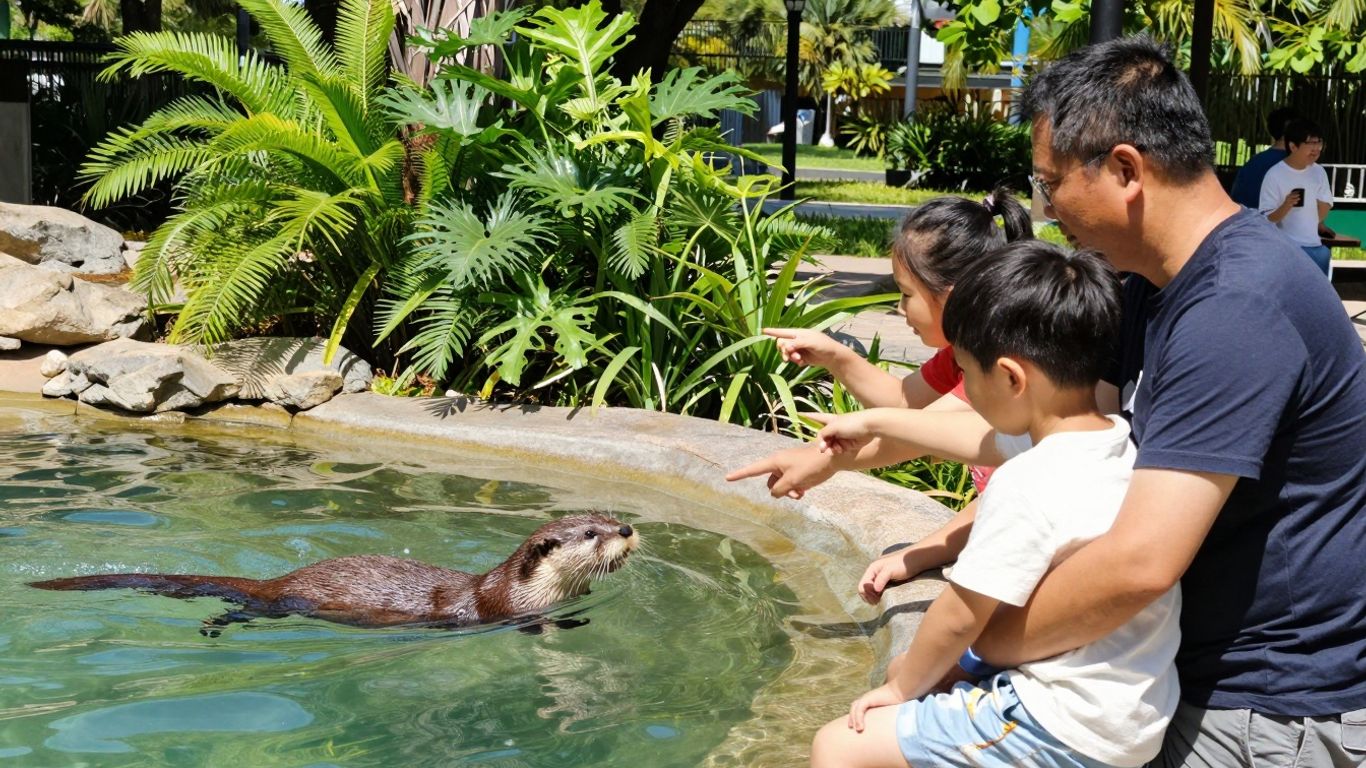 Familie im Zoo mit Ottern und grüner Parklandschaft